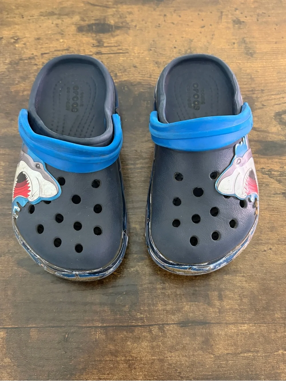 CROCS Kids Shark Clogs in Navy and Bright Blue
